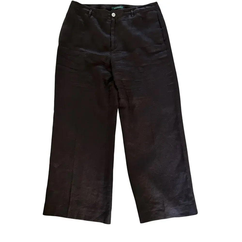 Lauren Ralph Lauren Linen Wide Leg Pants Brown Flat Front Trouser Women 12 - Picture 2 of 8